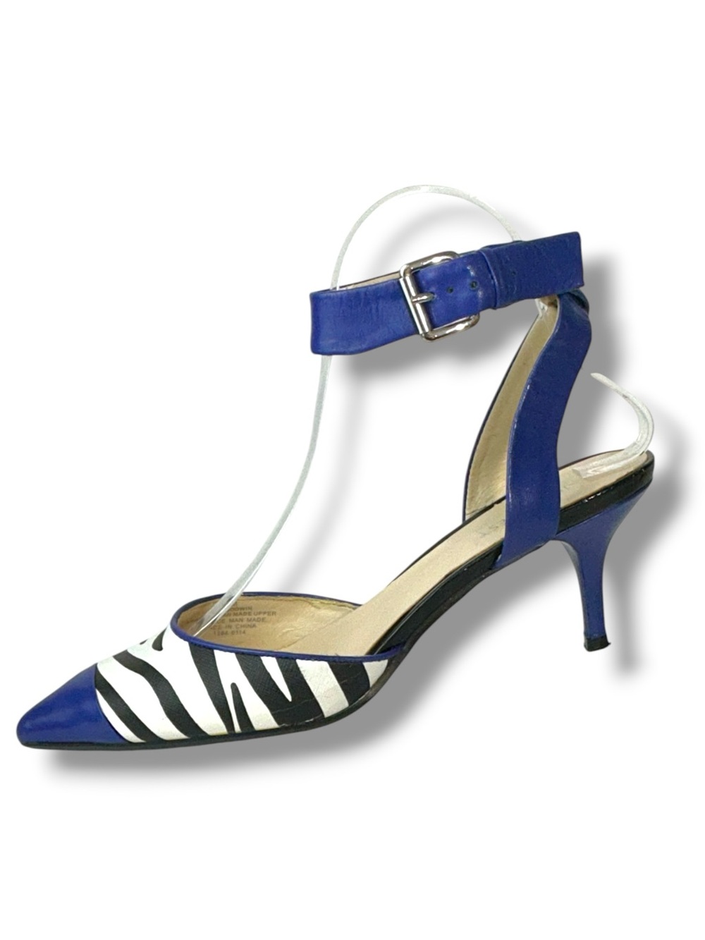 Nine West Zebra Print Pointed Toe Ankle Strap Pump 2” Kitten Heel Blue Black 6 - Picture 1 of 16